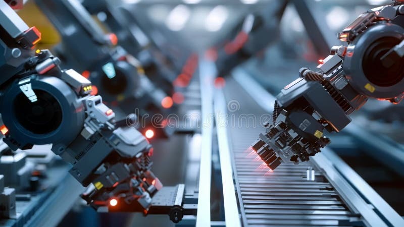 Coordinated robotic arms engaging in precision welding on an assembly line royalty free illustration
