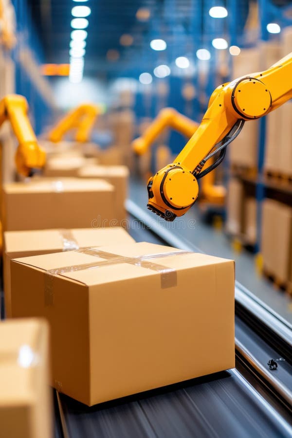 Futuristic automated warehouse equipped with robotic arms and conveyor belts efficiently sorting packages royalty free illustration