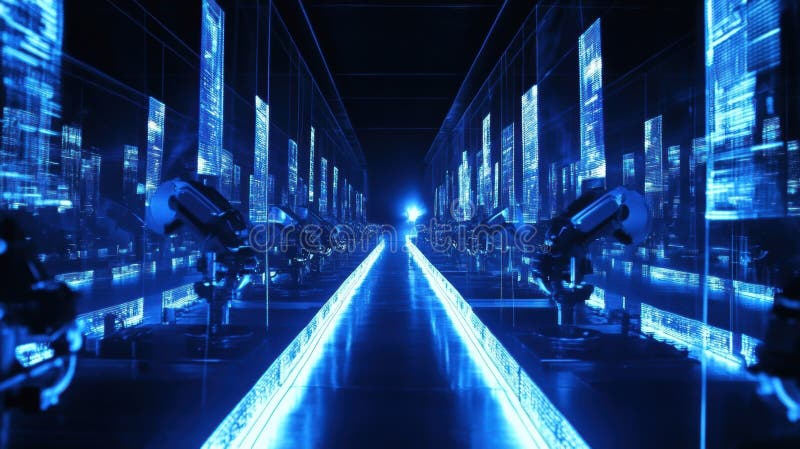 Robotic arms processing data in futuristic technological corridor stock photos
