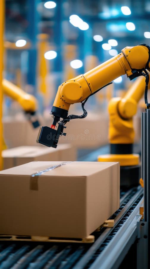 Robotic arms sorting packages in modern automated warehouse environment vector illustration