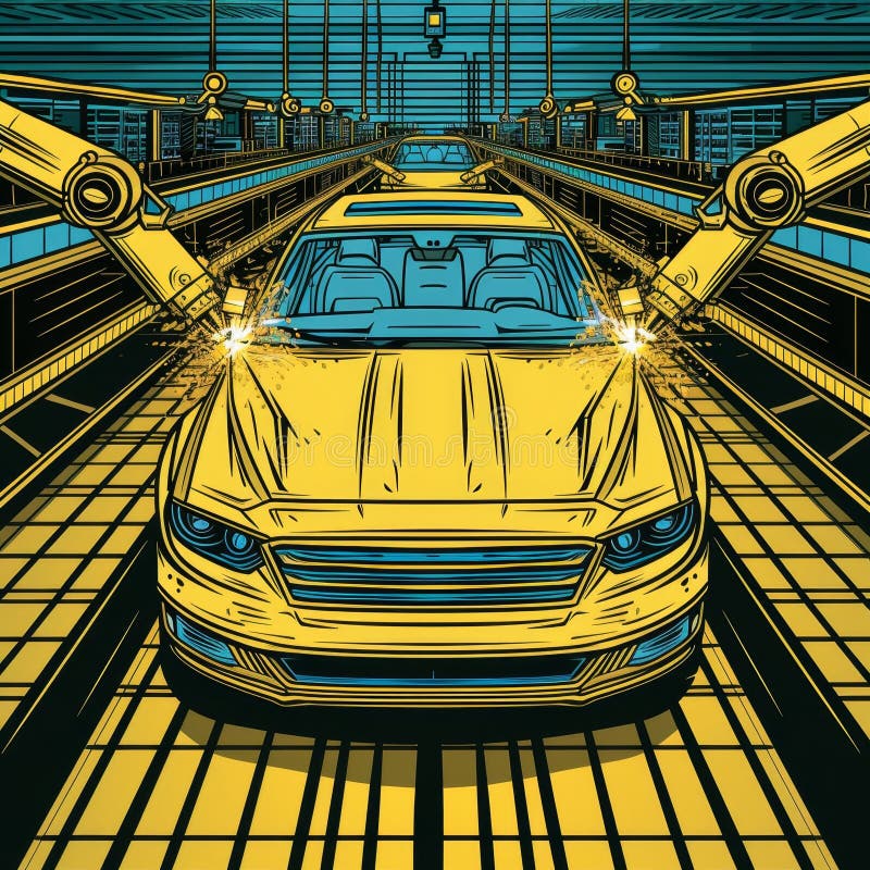 Car production line with robotic arms welding a yellow car body royalty free stock image