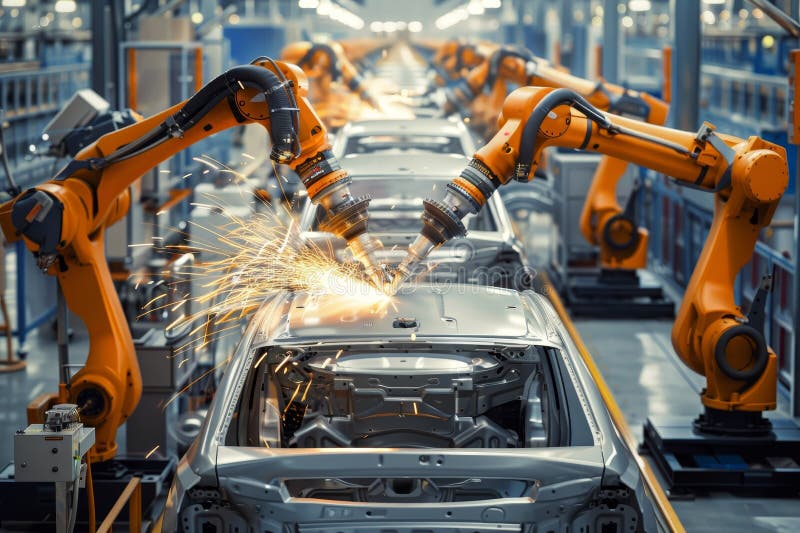 Robotic arms welding car parts on automated assembly line in automobile factory with ai technology stock illustration