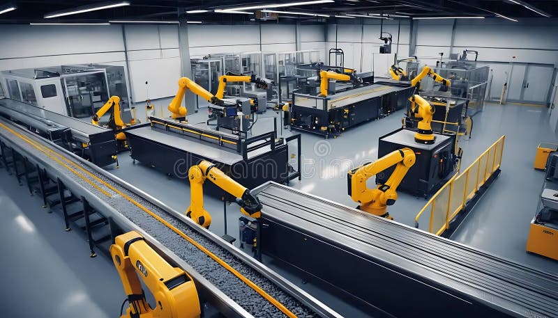 Robotic Arms Working on Automated Assembly Line in Modern Factory stock illustration