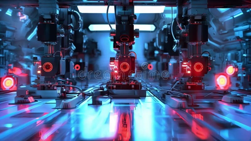Robotic arms working on circuit boards in a futuristic factory stock illustration