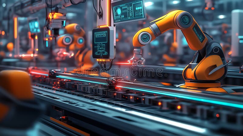Robotic arms working in a high-tech 5G-powered factory, assembling products with precision on an automated assembly line vector illustration