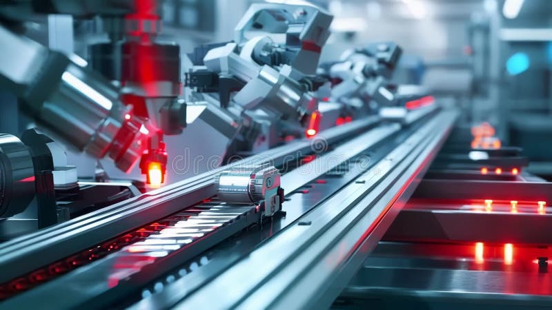 Robotic arms assembling components on production line vector illustration