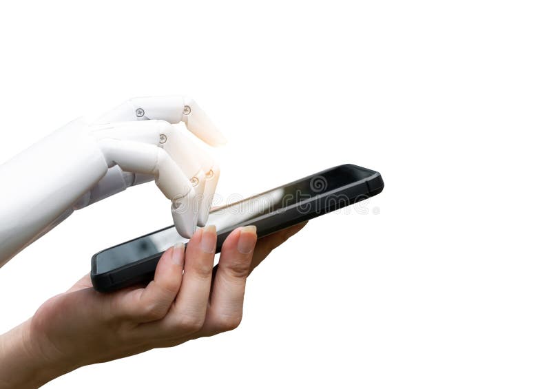 Robotic artificial intelligence transition human hand to robot hand press the smartphone button stock photos Robotic artificial intelligence transition human hand to robot hand press the smartphone button stock photos