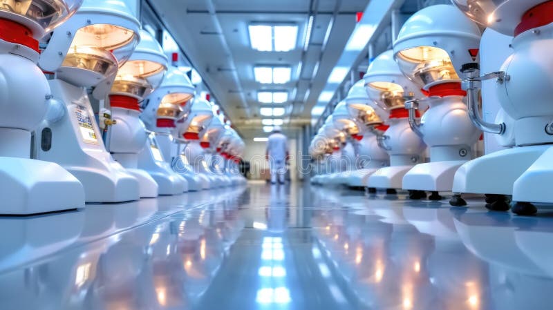 Robotic assembly line in futuristic factory with advanced machinery royalty free stock photography
