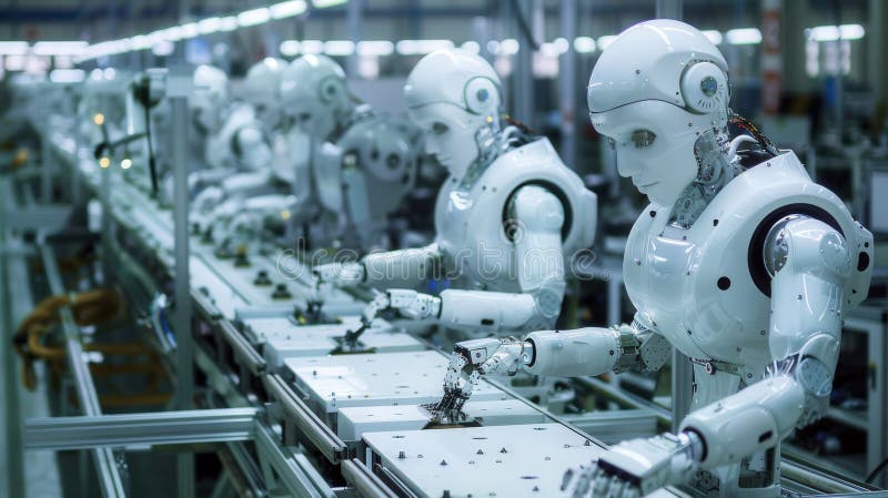 Robotic assembly line with humanoid robots in industrial manufacturing setting royalty free stock images