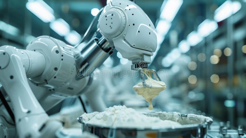 Robotic baking assistant, innovative robotic assistant automates ingredient pouring in modern bakery, transforming the royalty free stock images
