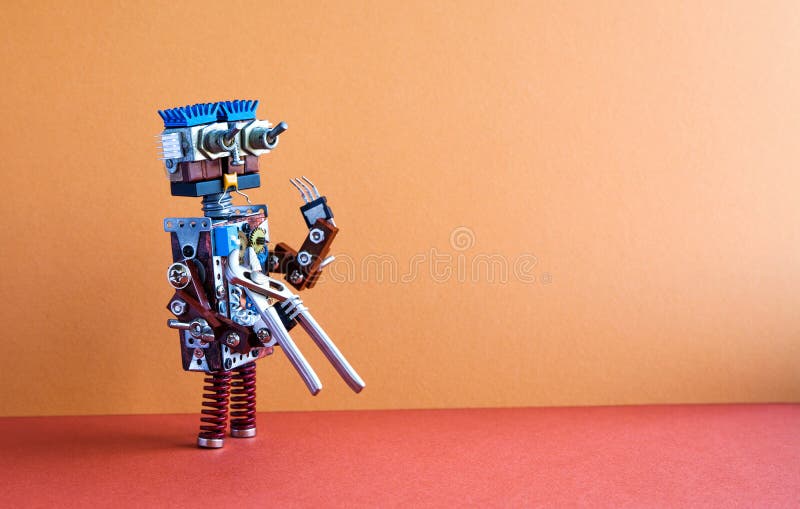 Robotic begrepp för service för underhållsreparationsfixande Robotfaktotum med plattång Brun vägg, röd golvbakgrund, kopia arkivbild Robotic begrepp för service för underhållsreparationsfixande Robotfaktotum med plattång Brun vägg, röd golvbakgrund, kopia arkivbild