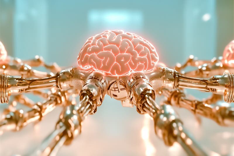 Robotic brain centralized with metallic hands reaching out. Futuristic workspace with blue lighting creating a tech royalty free stock photography