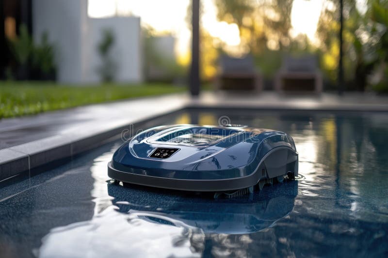 Innovative robotic cleaner operates in a residential pool during the afternoon sun royalty free stock photos