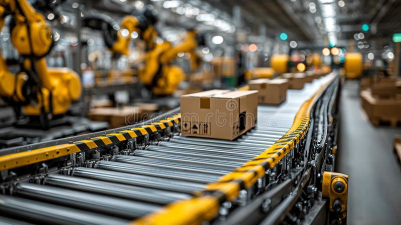 Robotic conveyor system seamlessly navigates cardboard box through high-tech industrial warehouse royalty free illustration