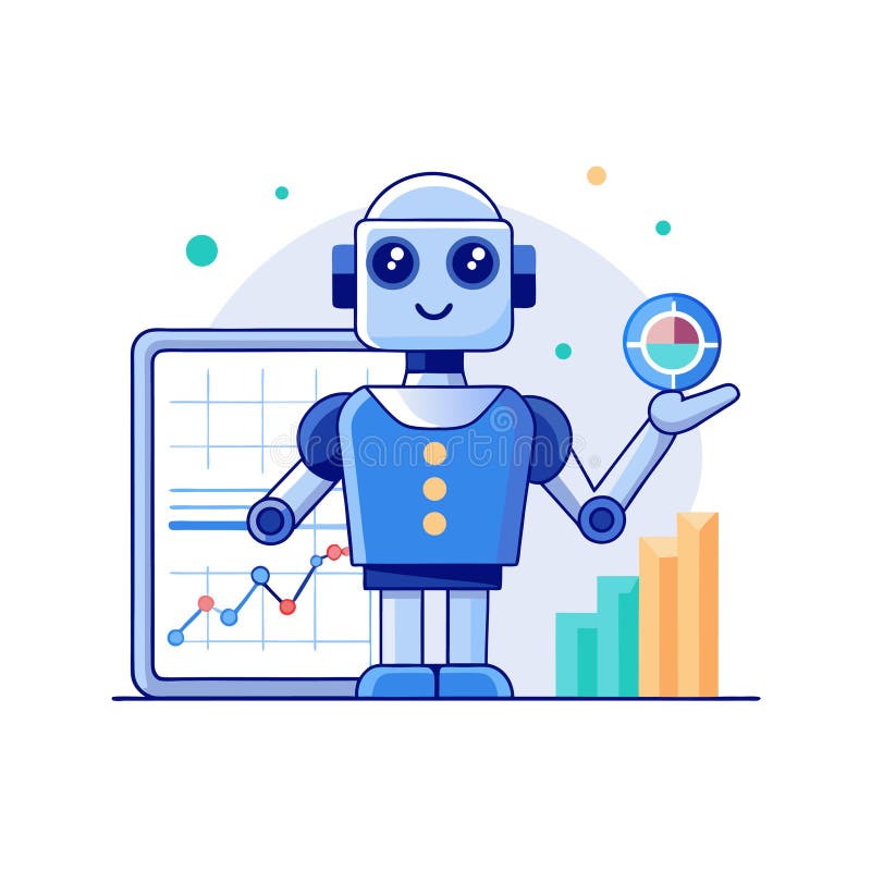 A cute robot presenting business insights using graphs and charts. Flat vector illustration, clean and modern style with a target representation. Aiming target illustrations