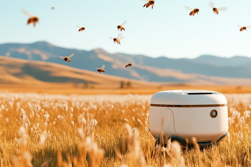 Robotic device monitoring bee activity in golden field with tall grass. Breathtaking mountain backdrop under clear sky. Concept of agriculture technology, pollination, environmental awareness. AI generated