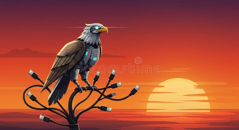 Robotic Eagle Tech Branch Sunset Technology Integration Cyber Security AI Concept Illustration Space stock abbildung