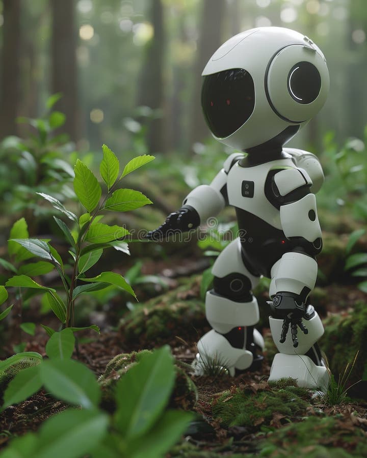 Robotic environmentalist in 3D, monitoring ecosystems and collecting data to protect nature, using sensors to detect changes. Generative AI