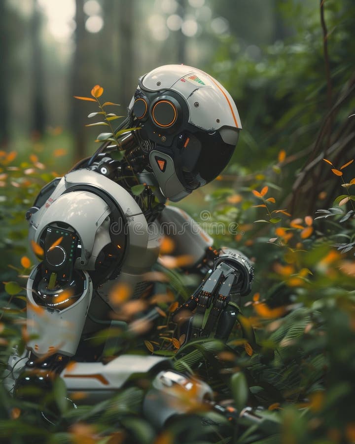 Robotic environmentalist in 3D monitoring ecosystems and collecting data to protect nature using sensors to detect changes royalty free illustration