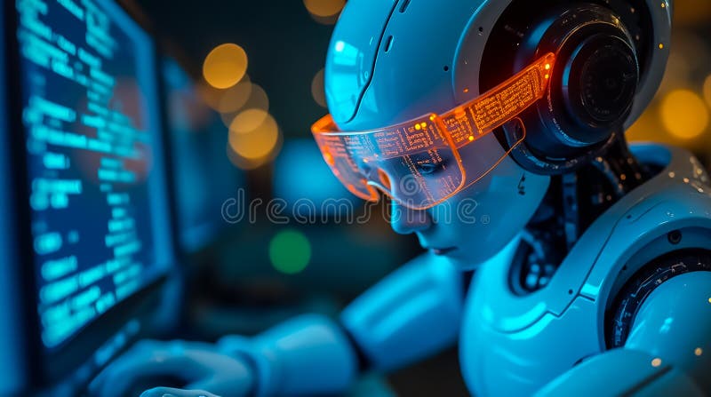 Robotic figure engages in programming tasks in a modern tech environment during nighttime vector illustration