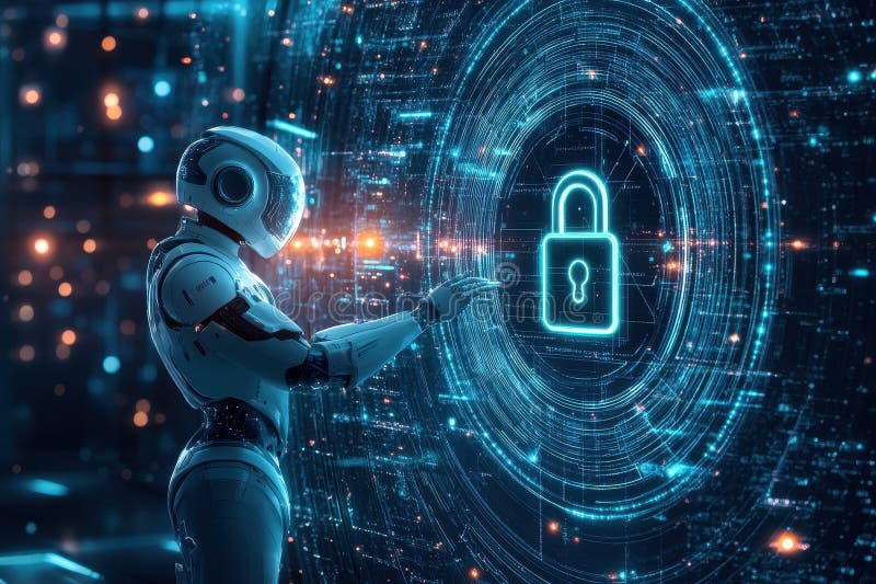 Robotic Figure Enging z interfejsem holograficznym w Futuristic Digital Environment obraz stock