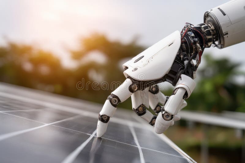 Robotic Hand Adjusting Smart Solar Panel Technology in a Sustainable Environment stock photography