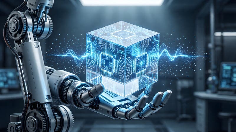 Robotic Hand Cradles Quantum Circuit Cube: Future Tech Unveiled stock illustration
