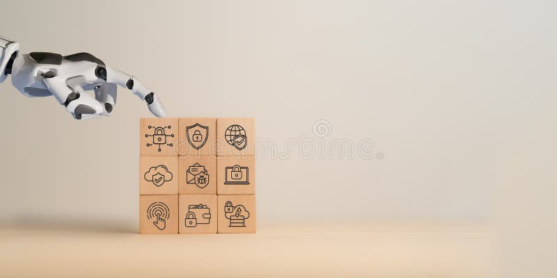 Robotic hand with cybersecurity icons on wooden blocks. Advanced technology, artificial intelligence, online privacy, data protection, security payment, network security, access control and SSL. Shield artificial intelligence stock images, royalty-free photos and pictures