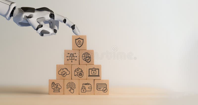 Robotic hand with cybersecurity icons on wooden blocks. Advanced technology, artificial intelligence, online privacy, data protection, security payment, network security, access control and SSL. Shield artificial intelligence stock images, royalty-free photos and pictures