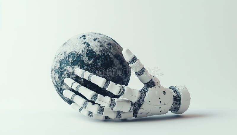 Robotic Hand With Earthly Network Connection: Ai And Digital Technology Interconnection For Internet, Big Data Analytics, E royalty free stock photos