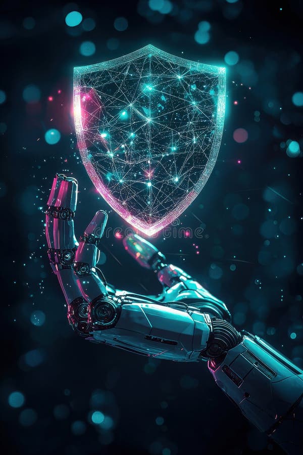 A robotic hand elegantly holds a holographic shield icon, representing advanced technology and digital security. Bathed in neon pink and turquoise lights, the image conveys themes of innovation, cyber protection, and futuristic interfaces. Ideal for concepts involving artificial intelligence, cybersecurity, and technological advancement. Shield artificial intelligence stock images, royalty-free photos and pictures