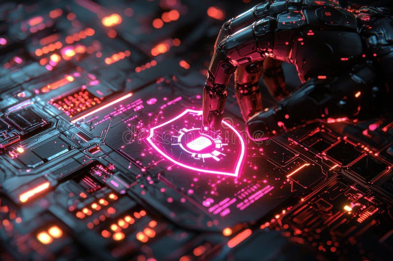 A robotic hand engages with a glowing digital security shield, set against a high-tech circuit board. This image symbolizes advanced technology, cybersecurity, and artificial intelligence. It evokes themes of innovation, digital protection, and the future of AI technology. Shield artificial intelligence stock images, royalty-free photos and pictures