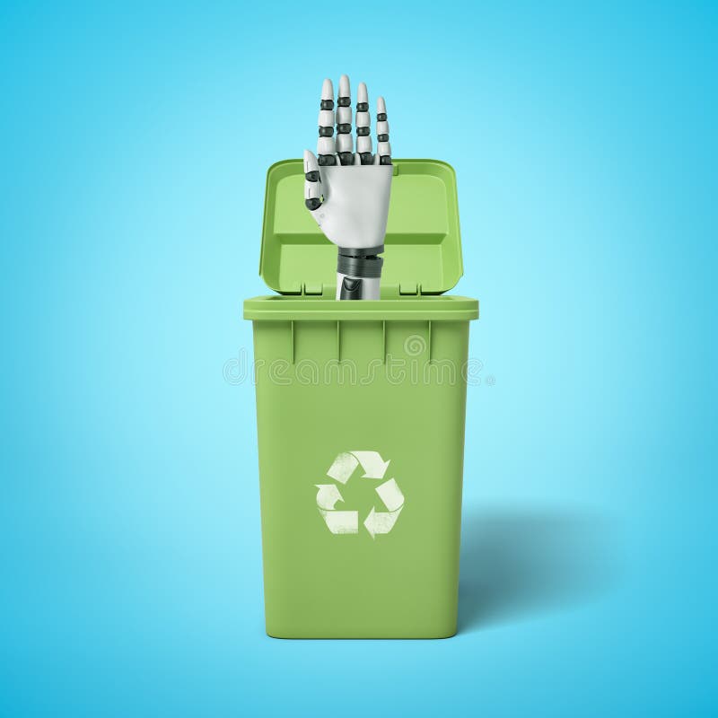 Robotic hand in a green trash bin on blue background stock photo