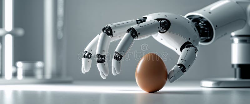 Robotic Hand Holding Brown Egg in Laboratory Setting royaltyfri foto