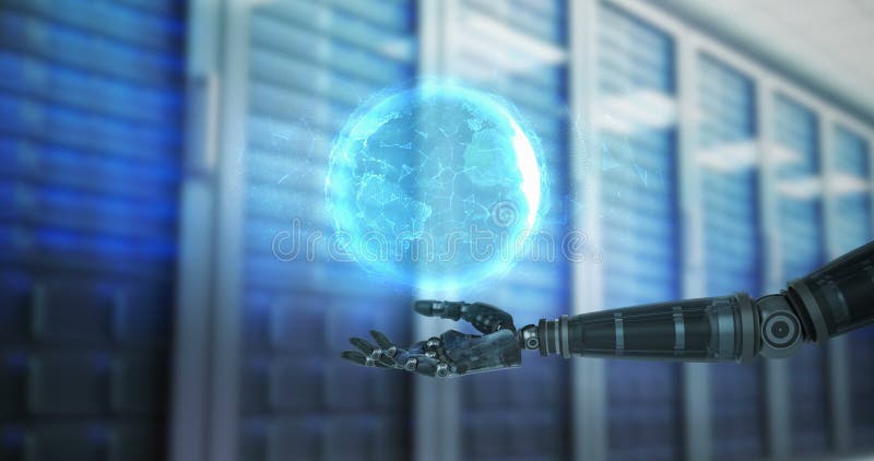 Robotic hand holding glowing digital globe in futuristic data center stock illustration