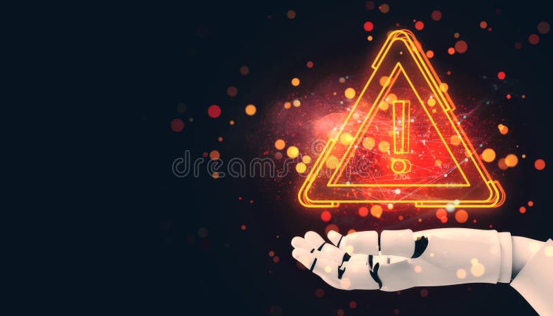 Robotic hand holding glowing warning icon with exclamation point in a neon triangle on dark background with digital particle stock illustration