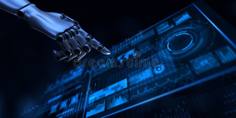 Robotic Hand Interacting with Advanced Data Visualization Interface for Artificial Intelligence and Machine Learning. 3d render royalty free illustration