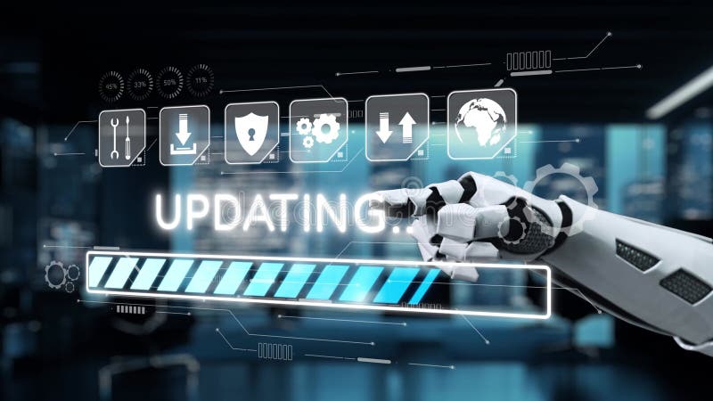 Robotic Hand Interacting with Digital Interface for System Update in Futuristic Technology Environment. Auvana vector illustration