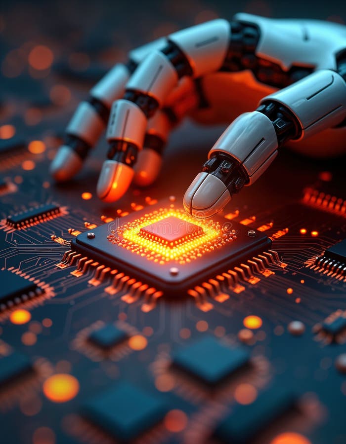 Robotic hand interacts with computer processor. AI technology. Cybernetic arm activates CPU. Digital future. Close up view of stock illustration
