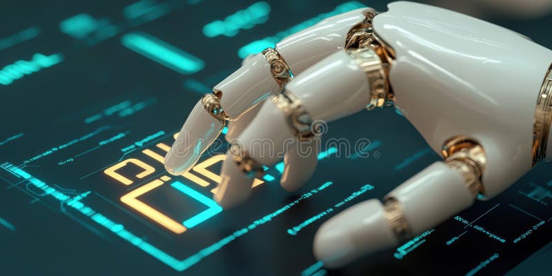 Robotic hand interacts with glowing digital interface, symbolizing advanced AI technology stock illustration