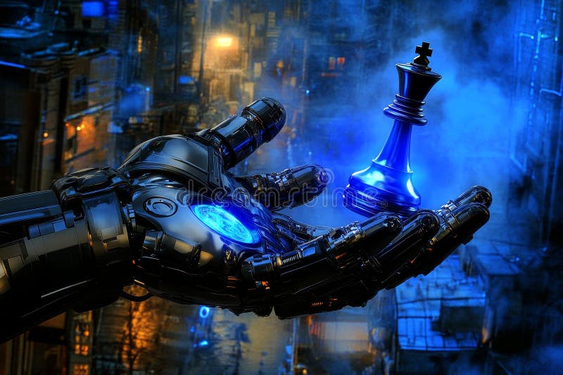 The robotic hand and neon chess king on a blue background are rendered in 3D stock illustration