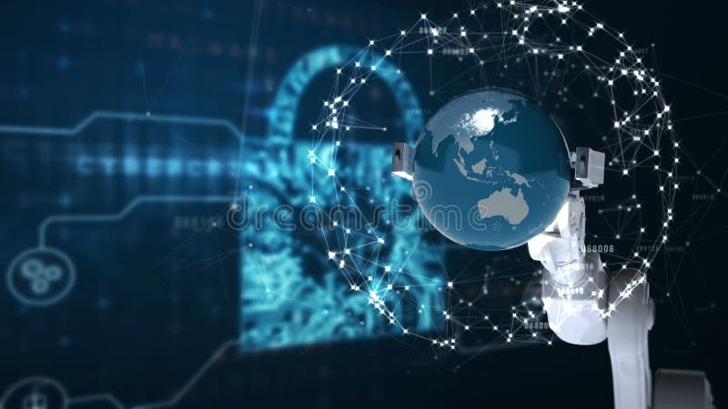 Robotic hand presenting globe against binary code background stock illustration