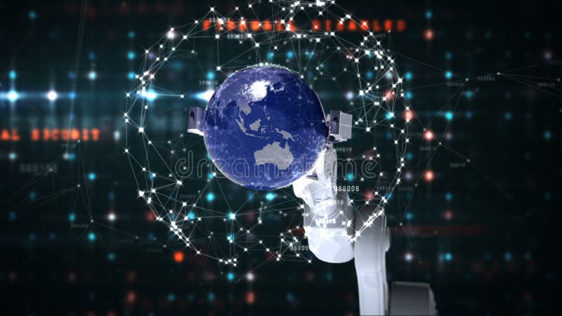 Robotic hand presenting globe against binary code background royalty free illustration