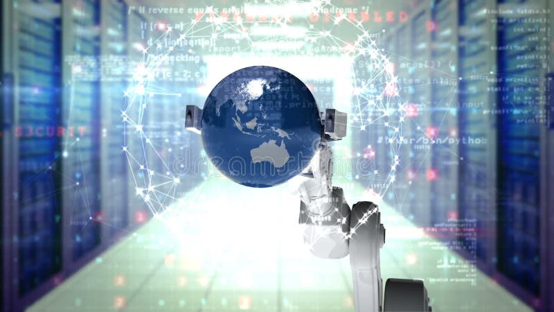 Robotic hand presenting globe against server room background stock illustration