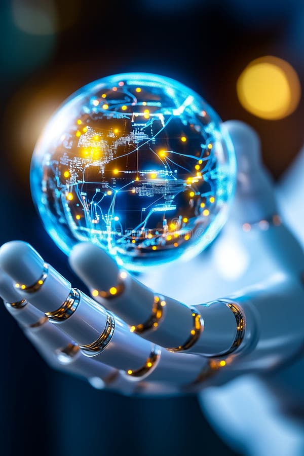 A robotic hand reaches out to touch a luminous digital globe filled with network connections and data flow royalty free stock photo