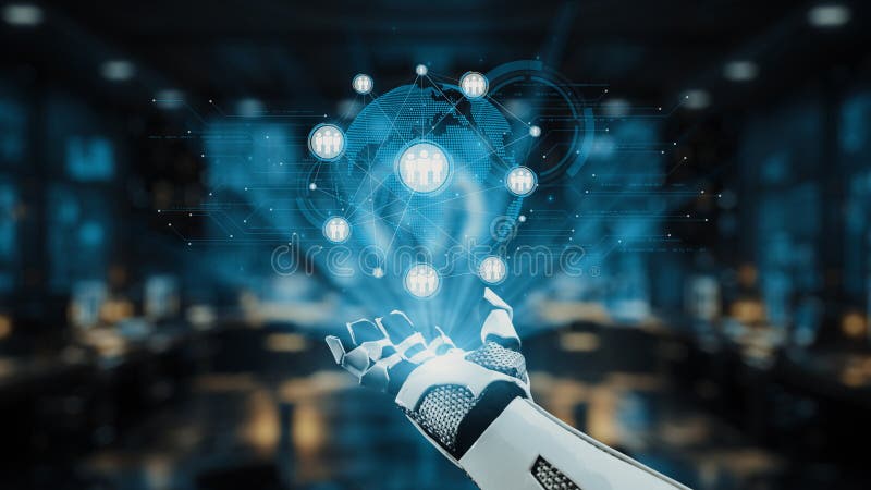Robotic hand reaching for a digital globe with interconnected people icons and data points in a futuristic technological stock photos