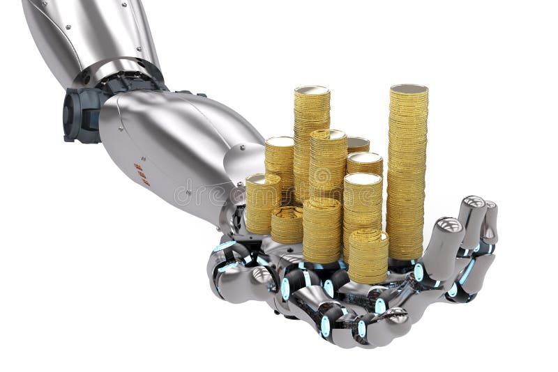 Robotic hand som rymmer guld- mynt royaltyfri bild