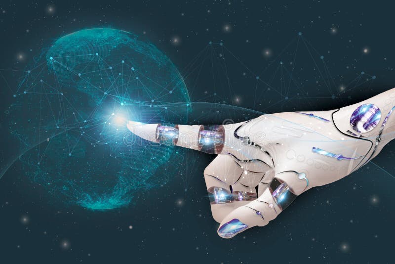 Robotic hand touch earth holographic connects to learn and control,with line digital network concept artificial intelligence royalty free stock photo