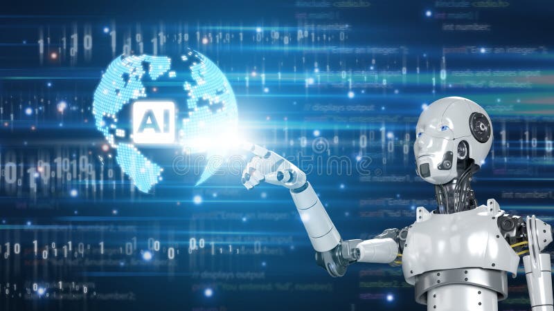 Robotic hand touch earth holographic connects to learn and control, with line digital network concept artificial intelligence royalty free stock photo