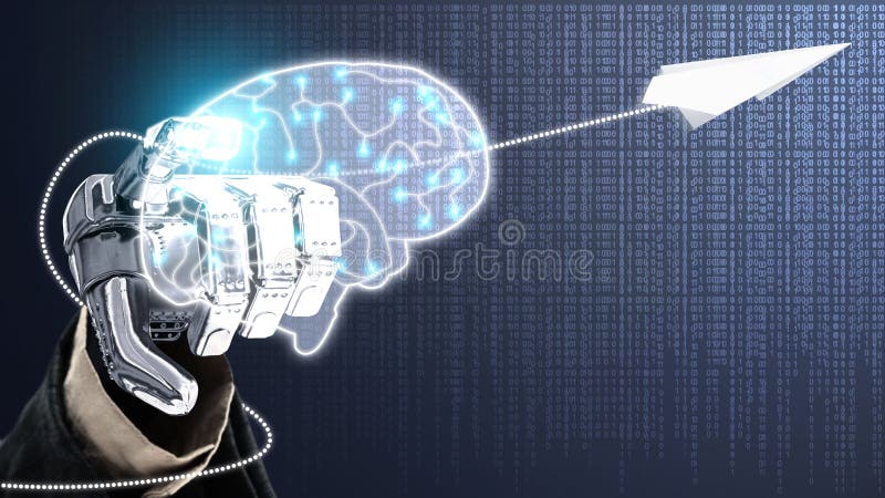 The robotic hand touches the virtual brain with a flying paper airplane on a digital background. Artificial intelligence concept